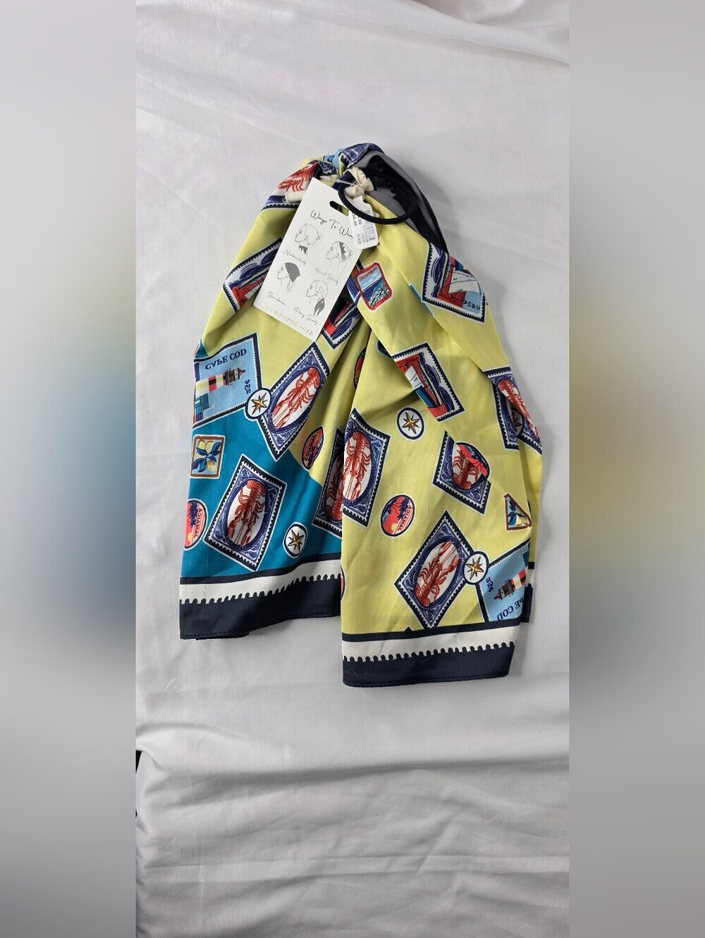 Anthropologie Cape Cod Lobster Postage Stamp Print Silk Scarf Hair Tie NWT